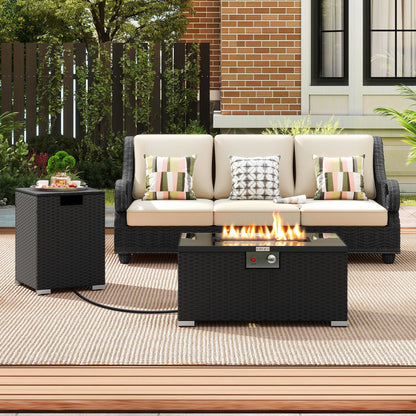 LJGDeals 2-Piece outdoor rattan fire table set with 32-inch gas fire pit and tank cover on Tampa Home & Garden Store