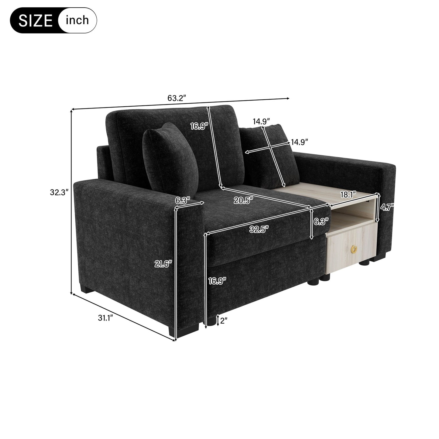 Modular sofa with storage armrest and center console in dark fabric stationary sofa on Tampa Home & Garden Store