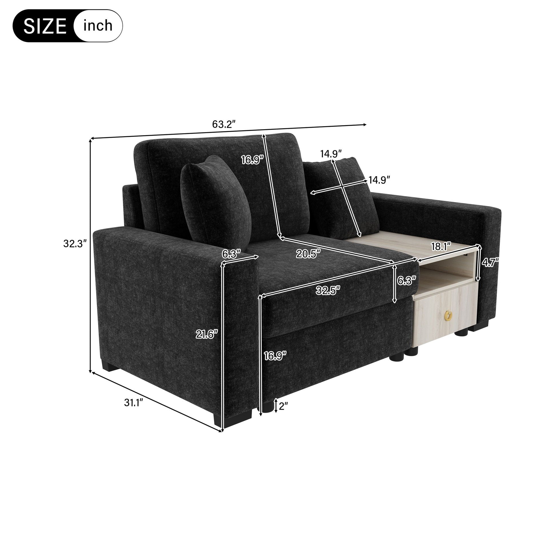 Modular sofa with storage armrest and center console in dark fabric stationary sofa on Tampa Home & Garden Store