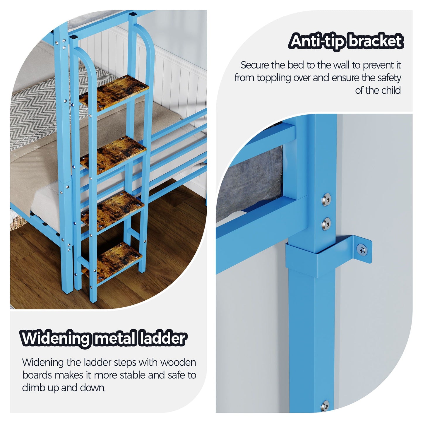 Bunk bed blue with wide metal ladder and full guardrails; converts to two twin beds on Tampa Home & Garden Store