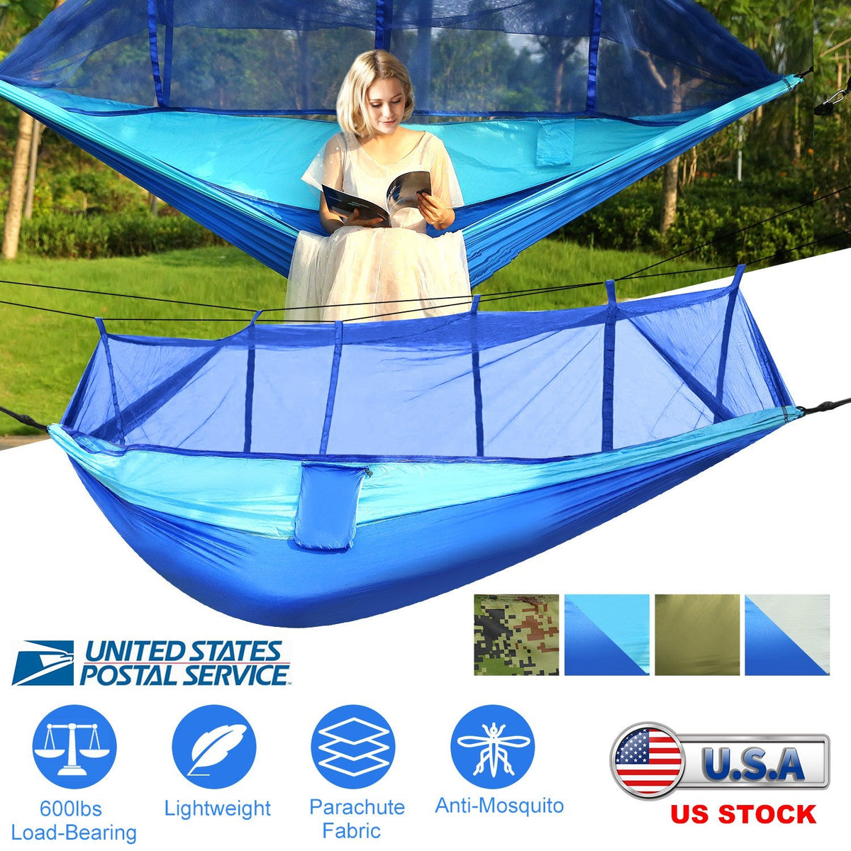 GemGear 2-person camping hammock with mosquito net, blue nylon, carry bag on Tampa Home & Garden Store