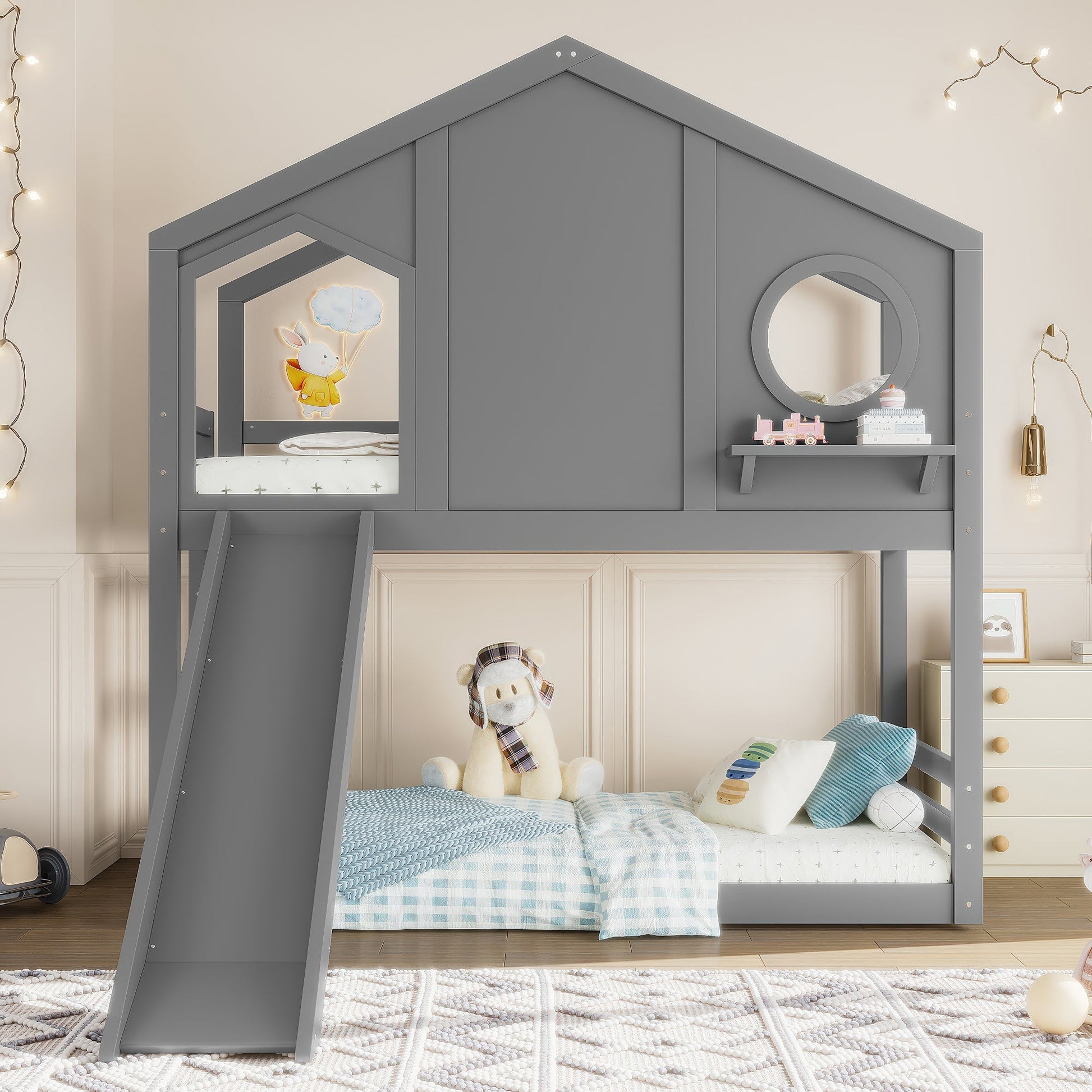 Twin House Bunk Bed with Slide and Storage Shelves in gray by HouseOfZazla on Tampa Home & Garden Store