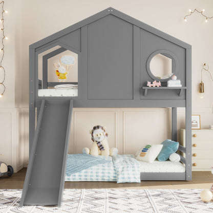 Twin House Bunk Bed with Slide and Storage Shelves in gray by HouseOfZazla on Tampa Home & Garden Store