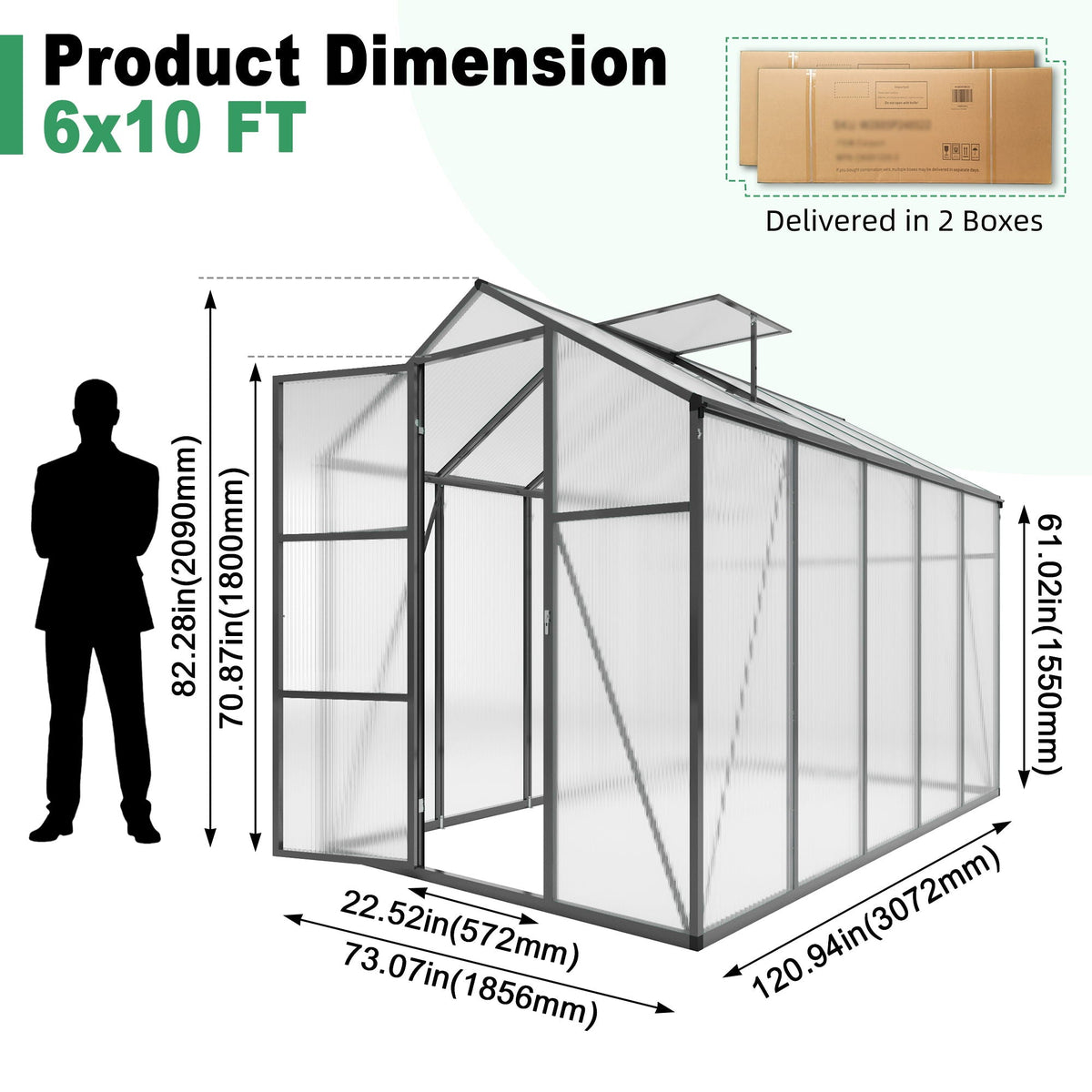 Windproof greenhouse with raised base, black frame and polycarbonate panels, 6x10 ft, HouseOfZazla on Tampa Home & Garden Store