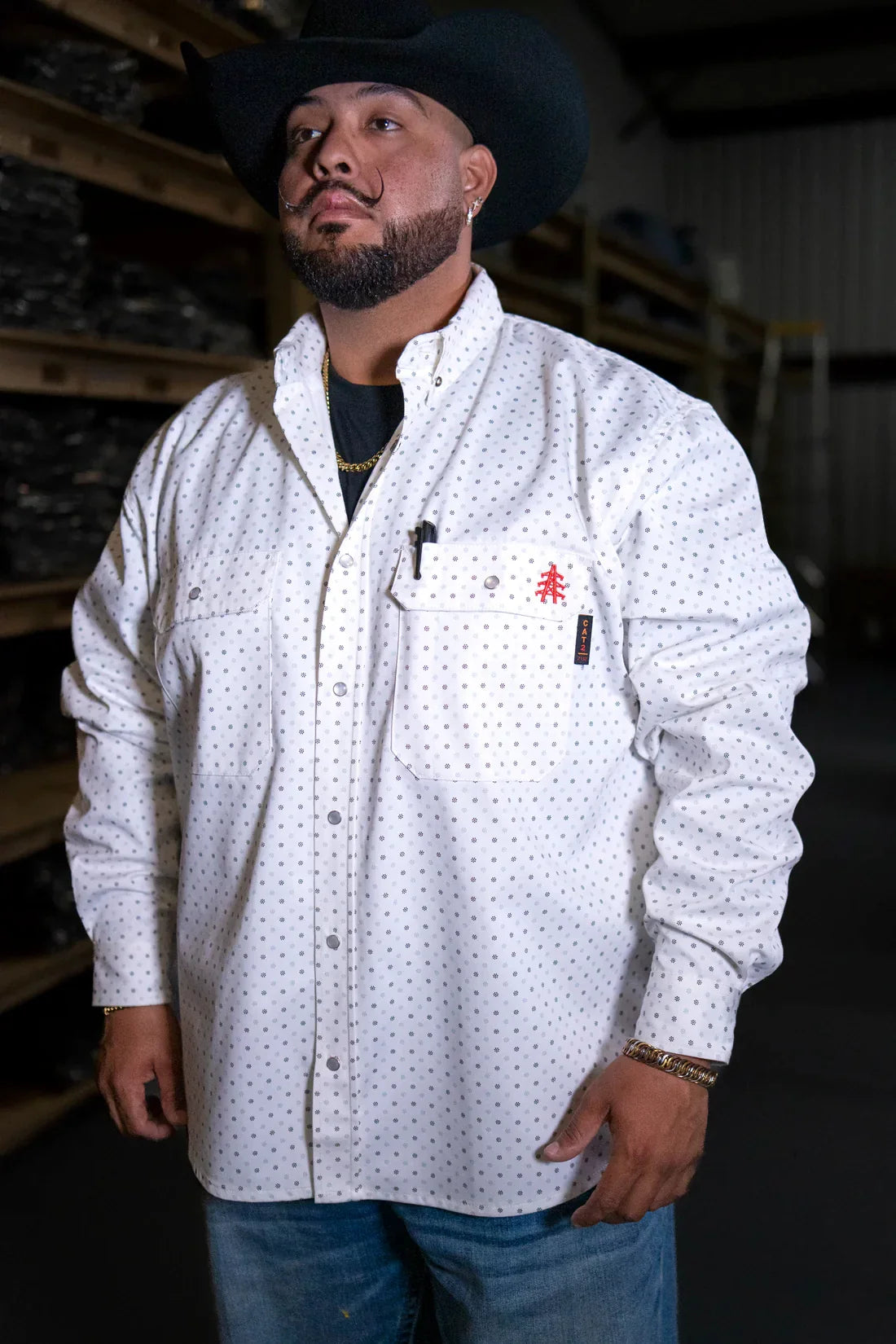 Static FR Pearl Snap Work Shirt Phantom White with a small dot pattern and front chest pockets on Tampa Home & Garden Store