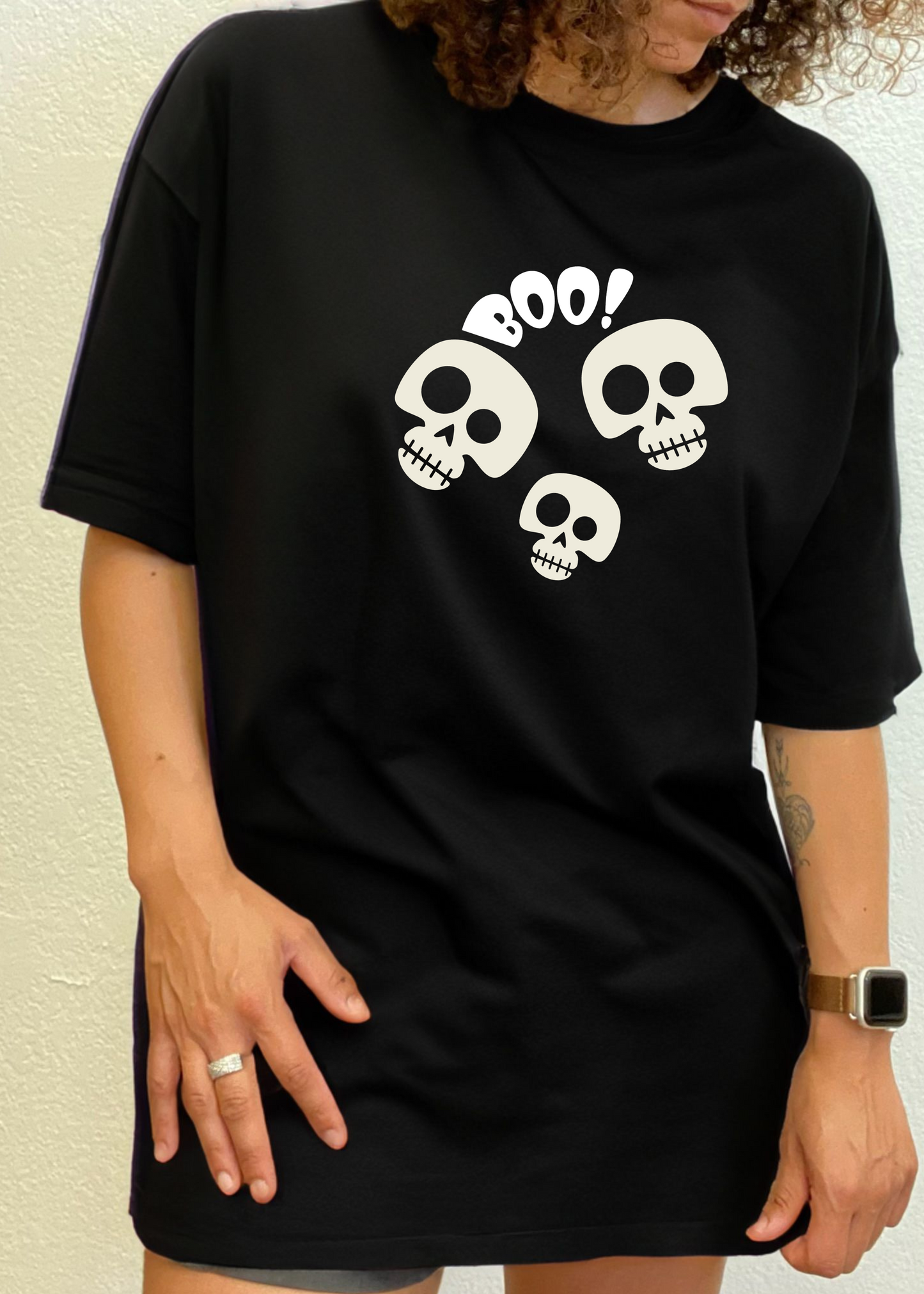 Halloween Boo unisex bamboo tee by Spun Bamboo with three beige skulls on black fabric on Tampa Home & Garden Store