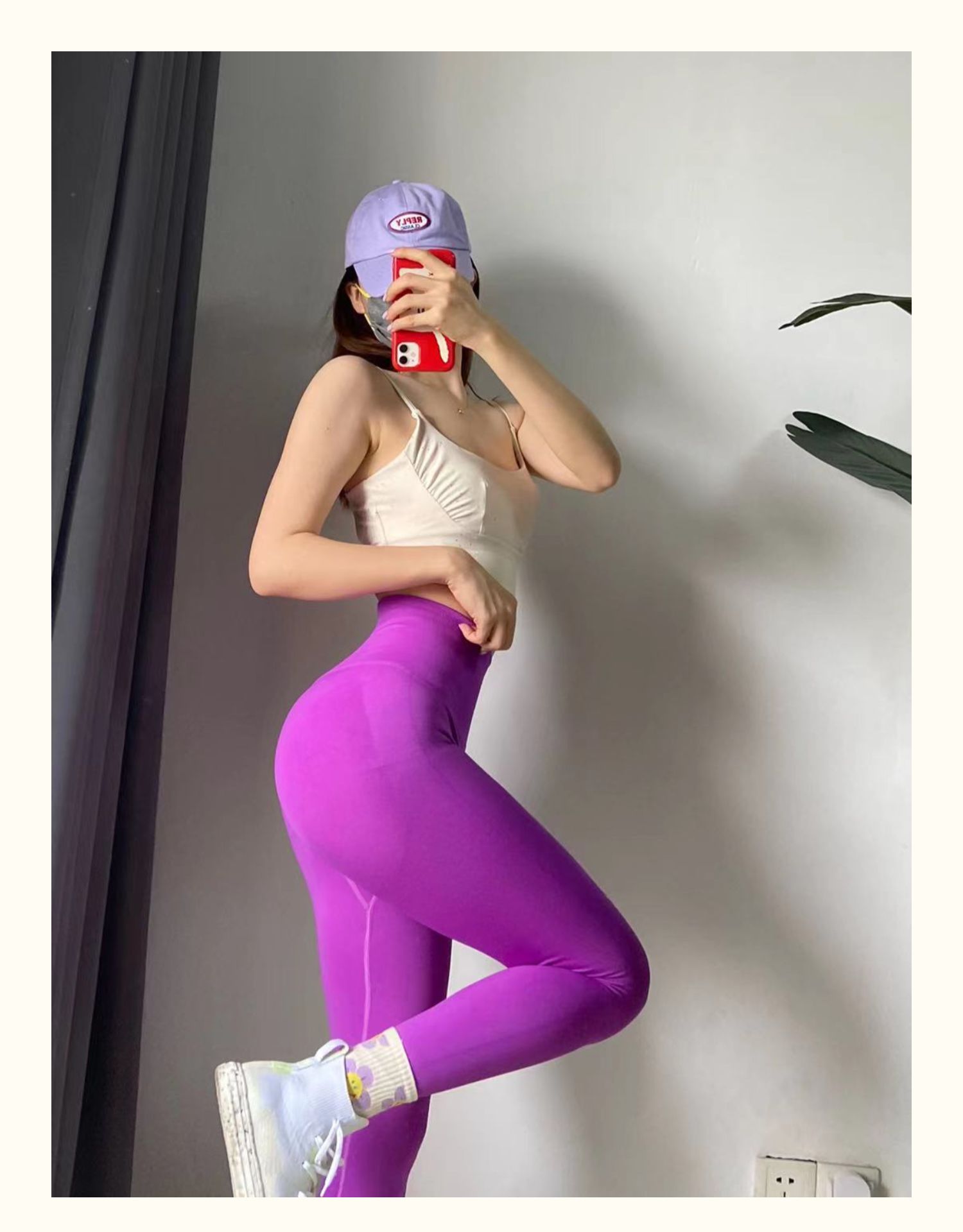 High waist seamless leggings for women in vibrant purple, shown with cream sports bra and lavender cap on Tampa Home & Garden Store