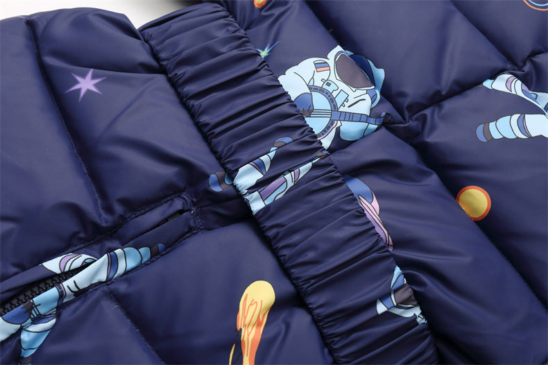 Stevvex baby snowsuit navy quilted with space print, windproof coat for infants on Tampa Home & Garden Store