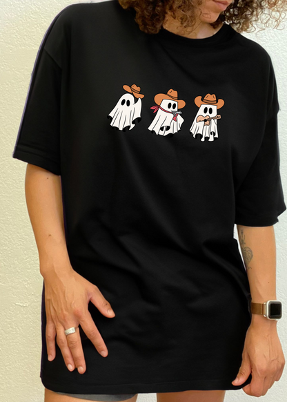 Cowboy Ghosts unisex graphic tee by Spun Bamboo on black bamboo viscose/organic cotton blend; three ghosts in tan cowboy hats on Tampa Home & Garden Store