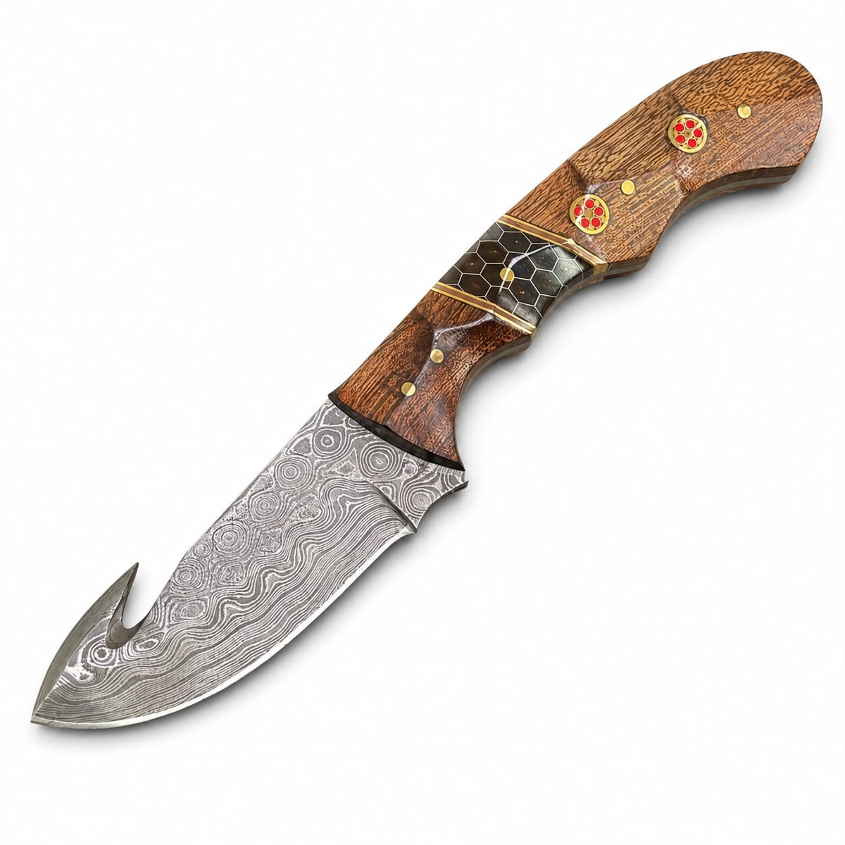 Hand-forged Damascus gut hook hunting knife with oak and walnut handle and honeycomb mosaic on Tampa Home & Garden Store
