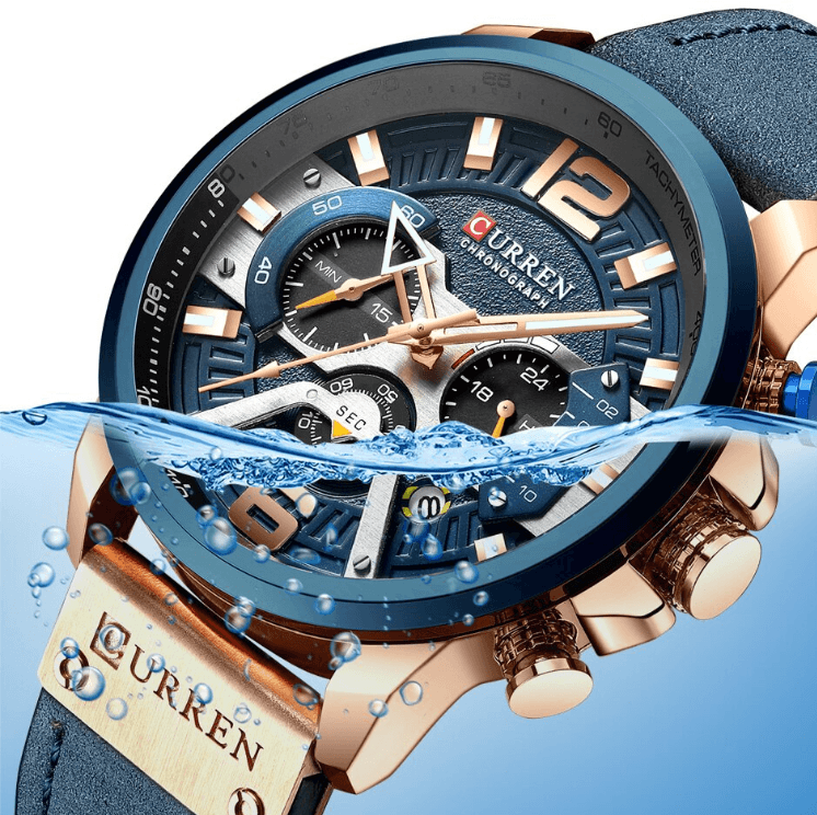Curren men's waterproof chronograph watch with blue bezel and blue leather strap on Tampa Home & Garden Store