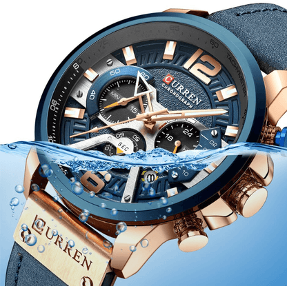 Curren men's waterproof chronograph watch with blue bezel and blue leather strap on Tampa Home & Garden Store
