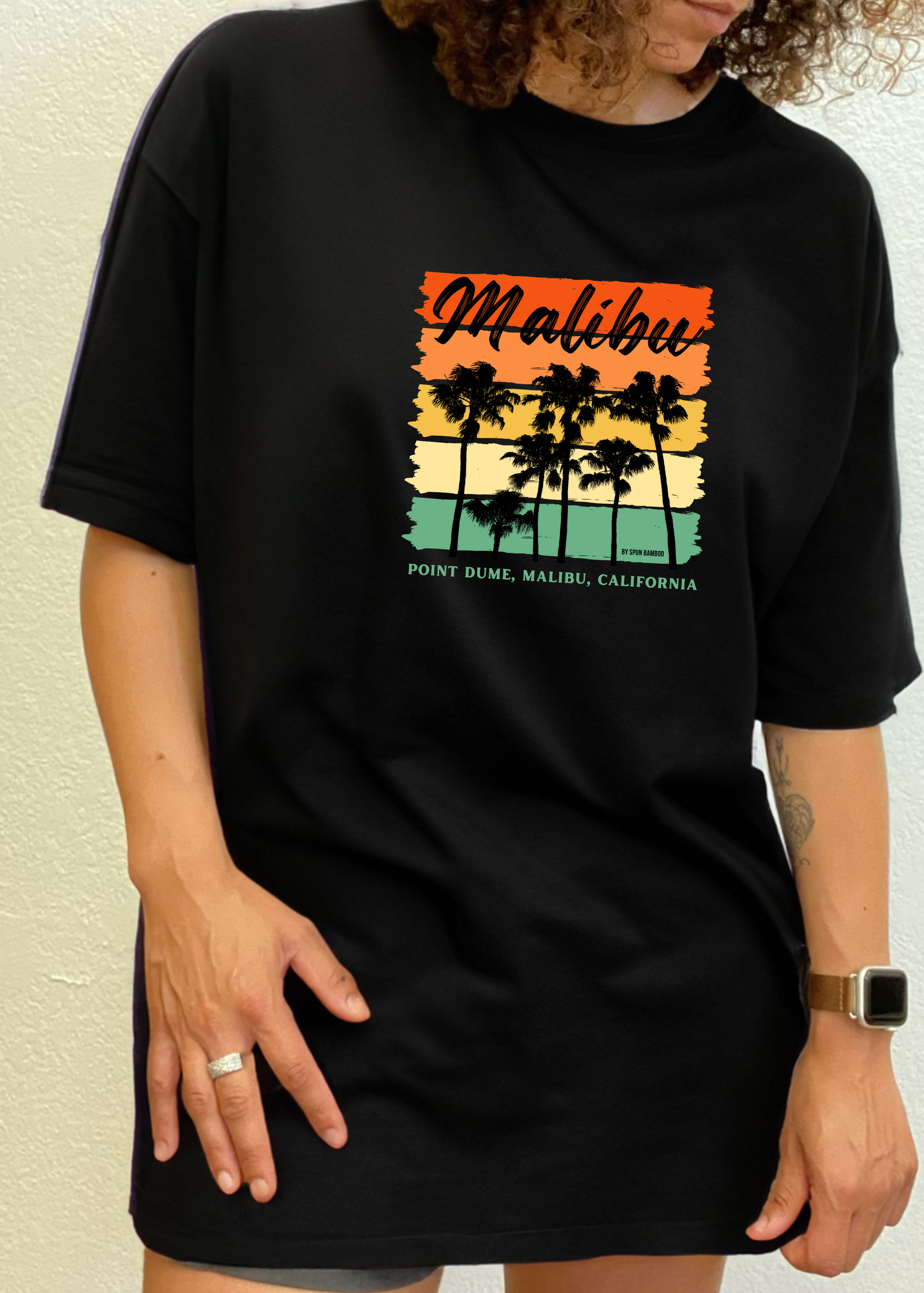 Malibu unisex bamboo viscose/organic cotton black graphic tee with palm print by Spun Bamboo on Tampa Home & Garden Store