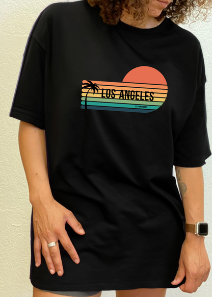 Los Angeles Spun Bamboo graphic tee, unisex black short sleeve with palm tree and sunset stripes on Tampa Home & Garden Store