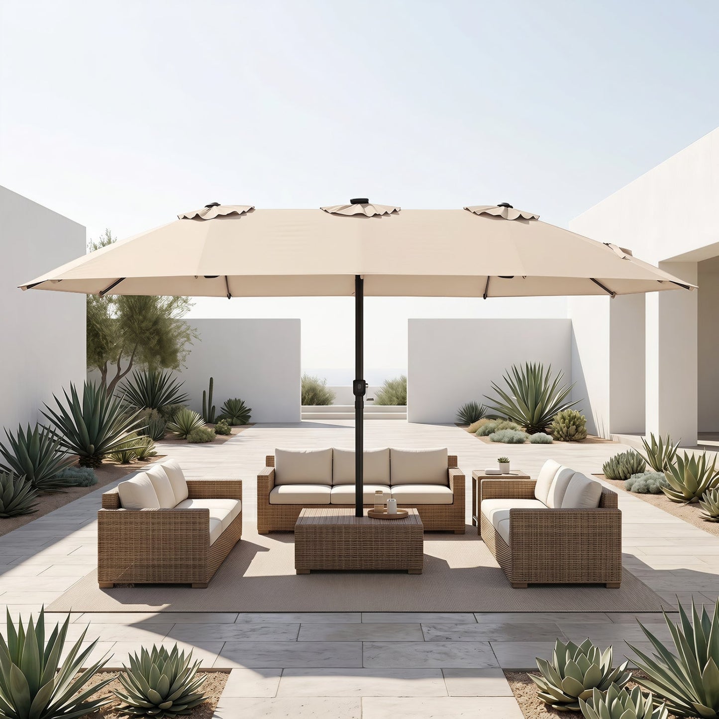 DirectDeals 15.5 ft patio umbrella beige canopy with solar LED lights and crank shade on Tampa Home & Garden Store
