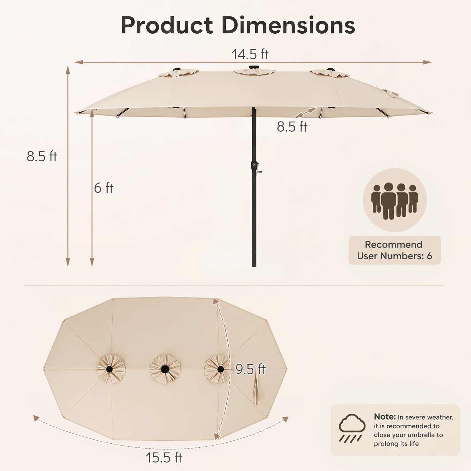 DirectDeals patio umbrella beige canopy with crank and solar LED lights, 15.5 ft diameter on Tampa Home & Garden Store