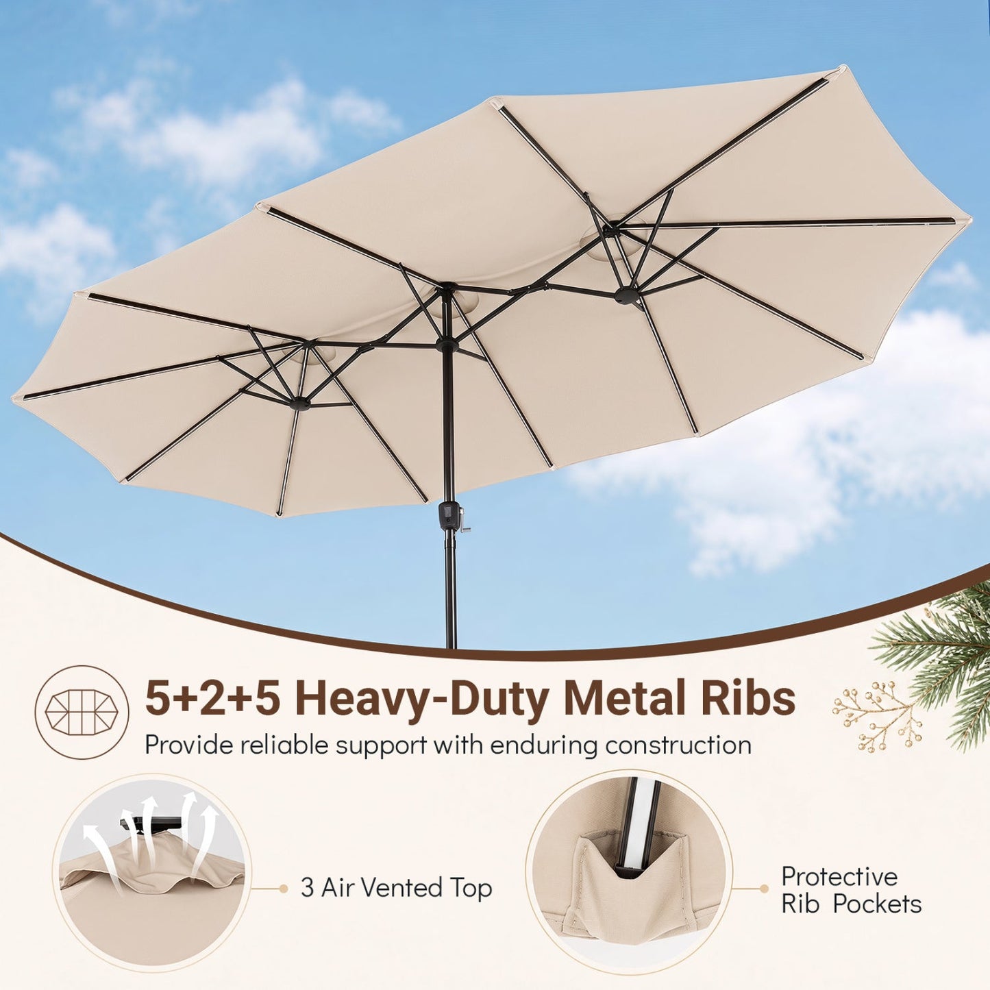 Patio Umbrella DirectDeals, 15.5 ft beige canopy with crank and solar LED lights on Tampa Home & Garden Store