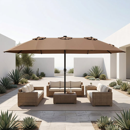 DirectDeals 15.5 ft patio umbrella with solar LED lights and crank in brown on Tampa Home & Garden Store
