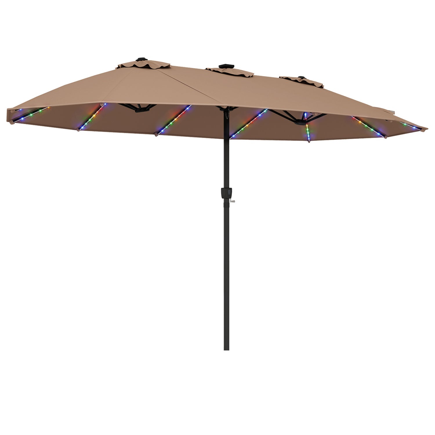 Patio umbrella DirectDeals 15.5 ft with solar LED lights and crank, beige canopy, black pole on Tampa Home & Garden Store