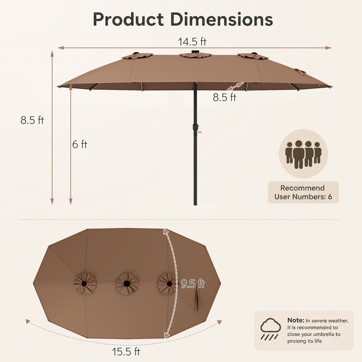 DirectDeals 15.5 ft Patio Umbrella with Solar LED Lights & Crank, brown canopy on Tampa Home & Garden Store