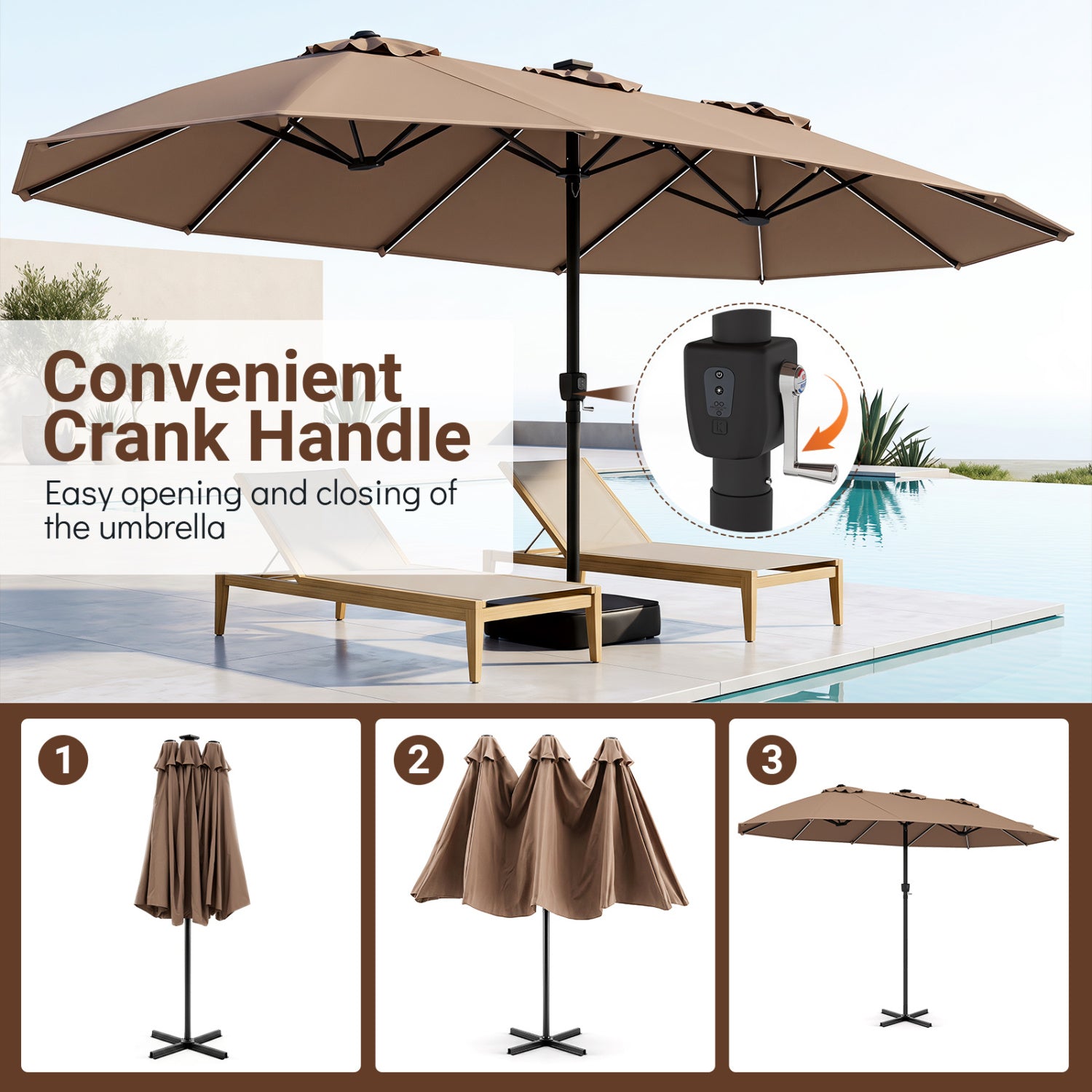 Patio Umbrella DirectDeals 15.5 ft with crank and solar LED lights brown canopy on Tampa Home & Garden Store