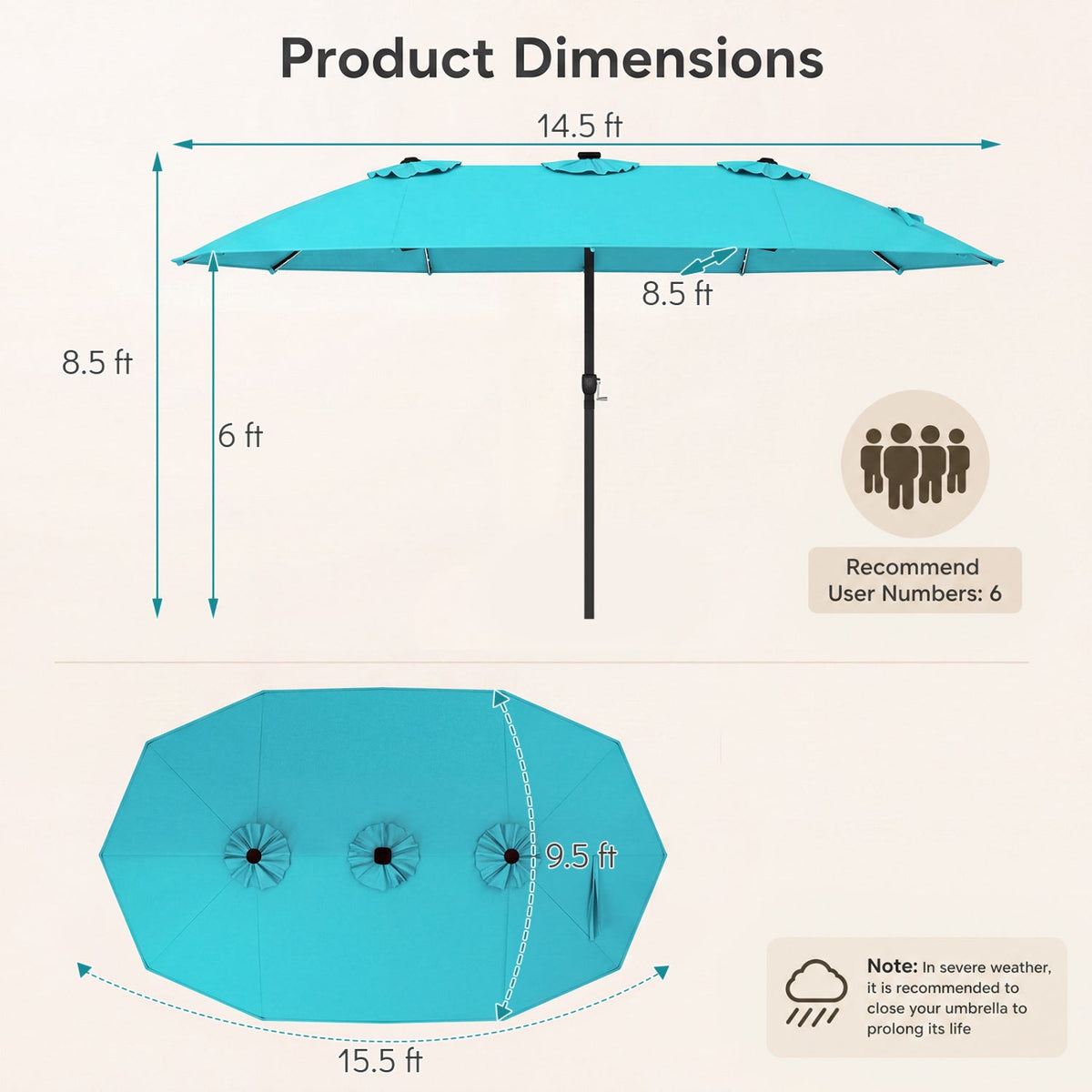 Patio umbrella DirectDeals, 15.5 ft turquoise canopy with crank and solar LED lights on Tampa Home & Garden Store