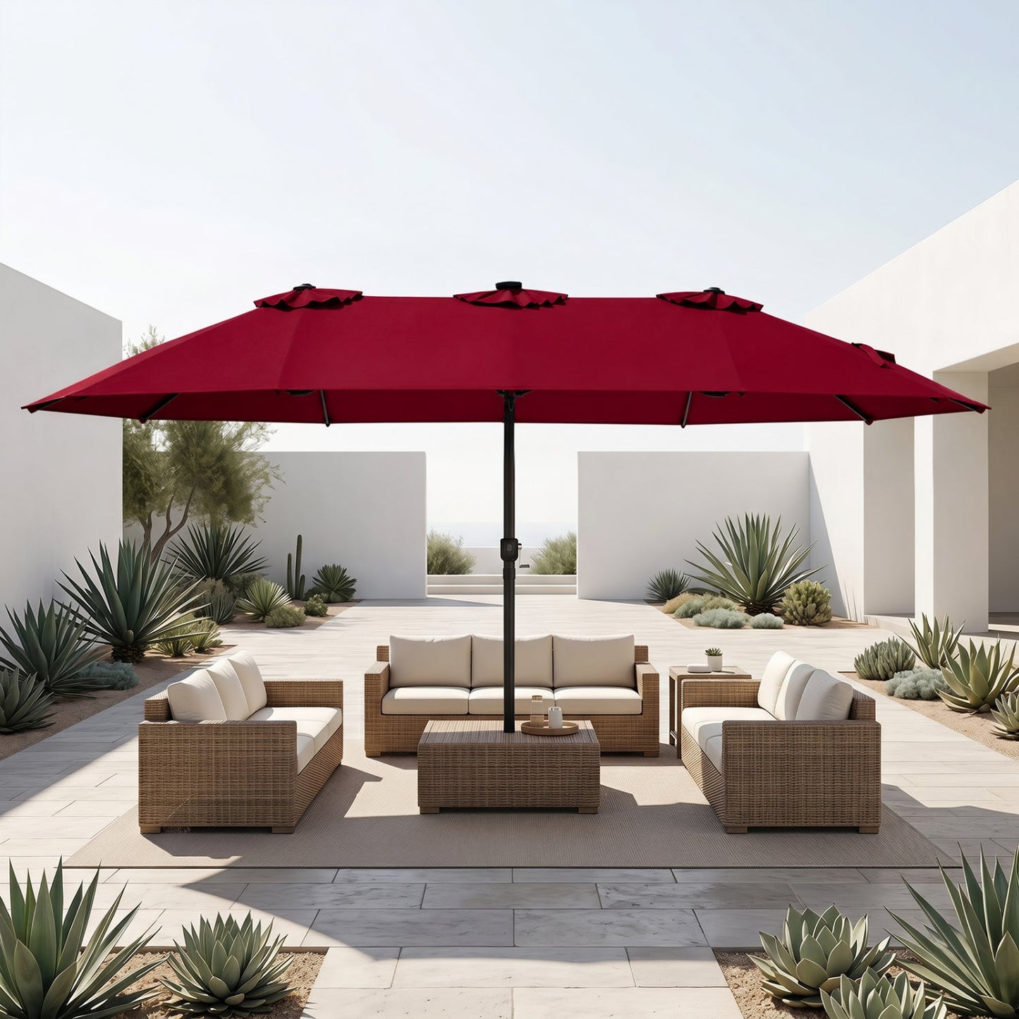 Patio umbrella DirectDeals 15.5 ft burgundy with solar LED lights and crank on Tampa Home & Garden Store
