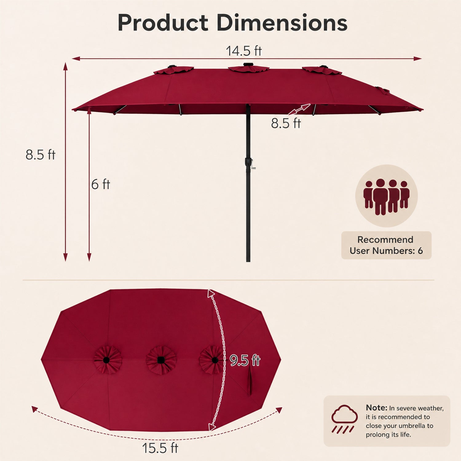 15.5 ft Patio Umbrella DirectDeals red canopy with solar LED lights and crank on Tampa Home & Garden Store