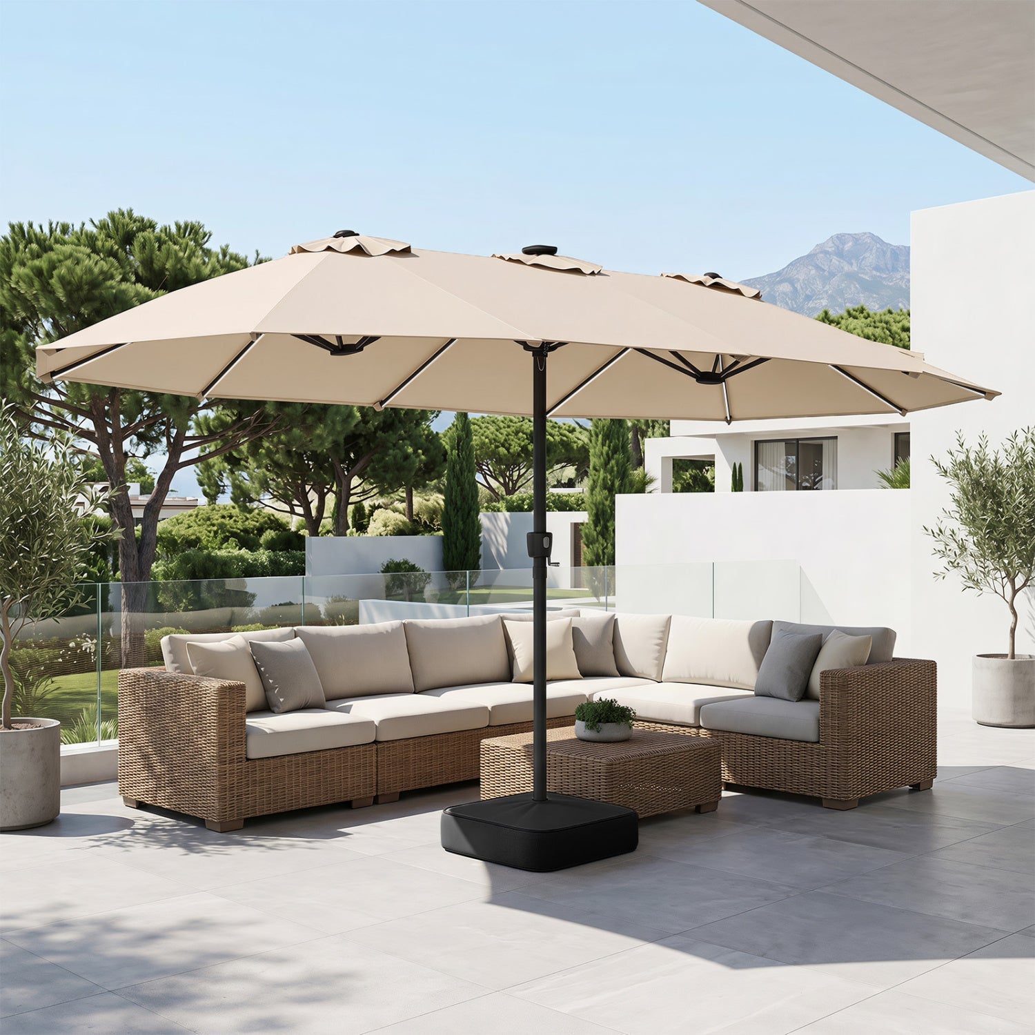 DirectDeals 15.5 ft patio umbrella with beige canopy, solar LED lights, and heavy black base on Tampa Home & Garden Store