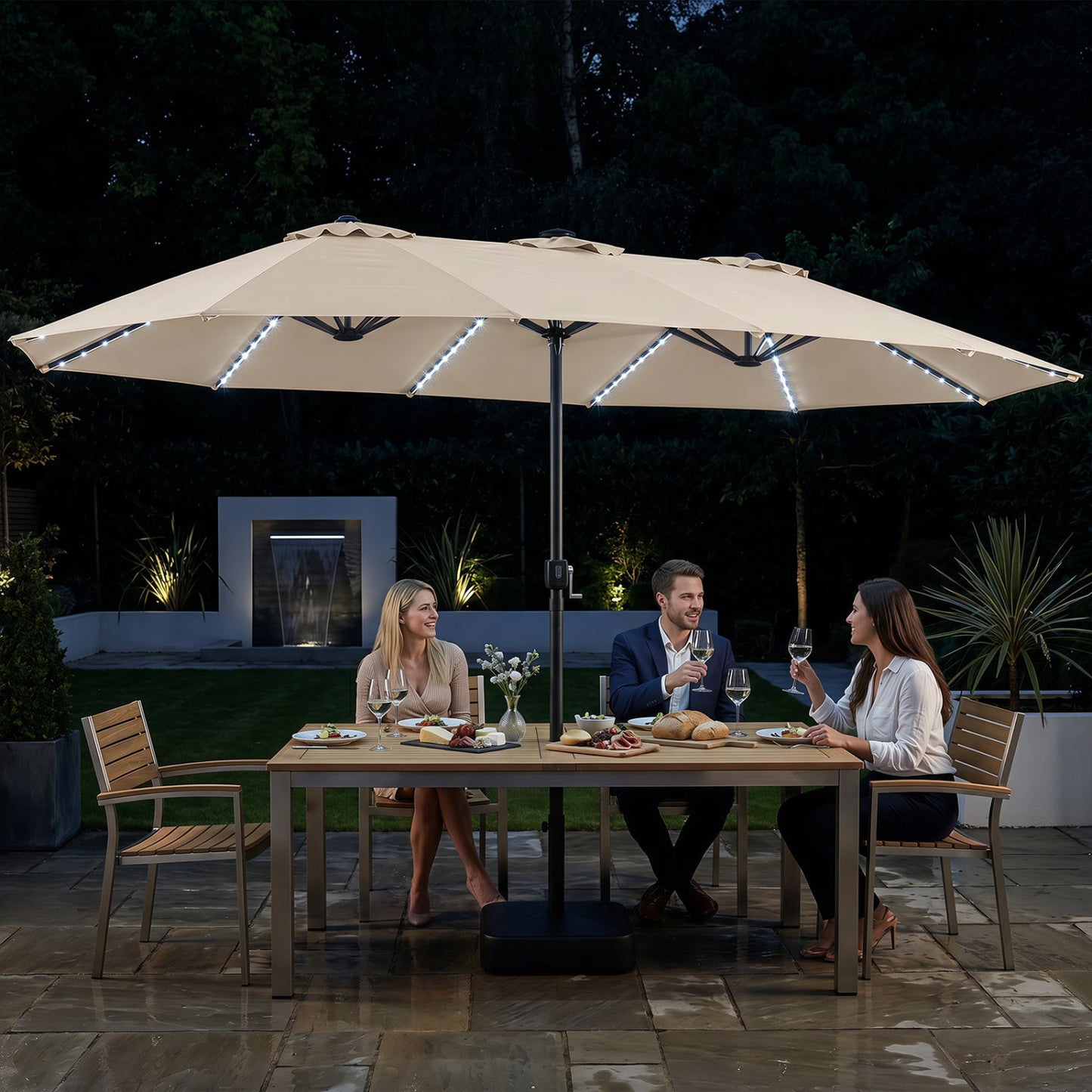 DirectDeals 15.5 ft patio umbrella in beige with solar LED lights and base on Tampa Home & Garden Store