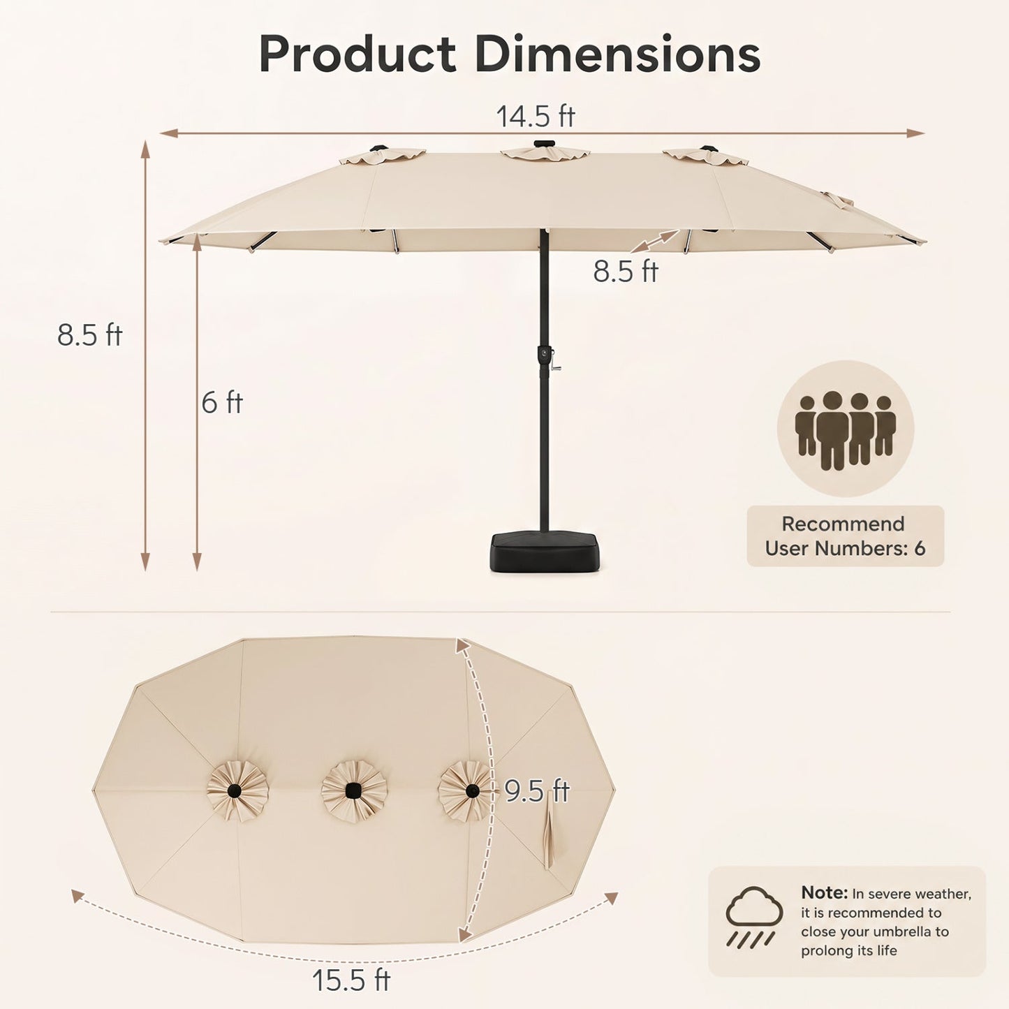 DirectDeals 15.5 ft patio umbrella with solar LED lights and base in beige on Tampa Home & Garden Store