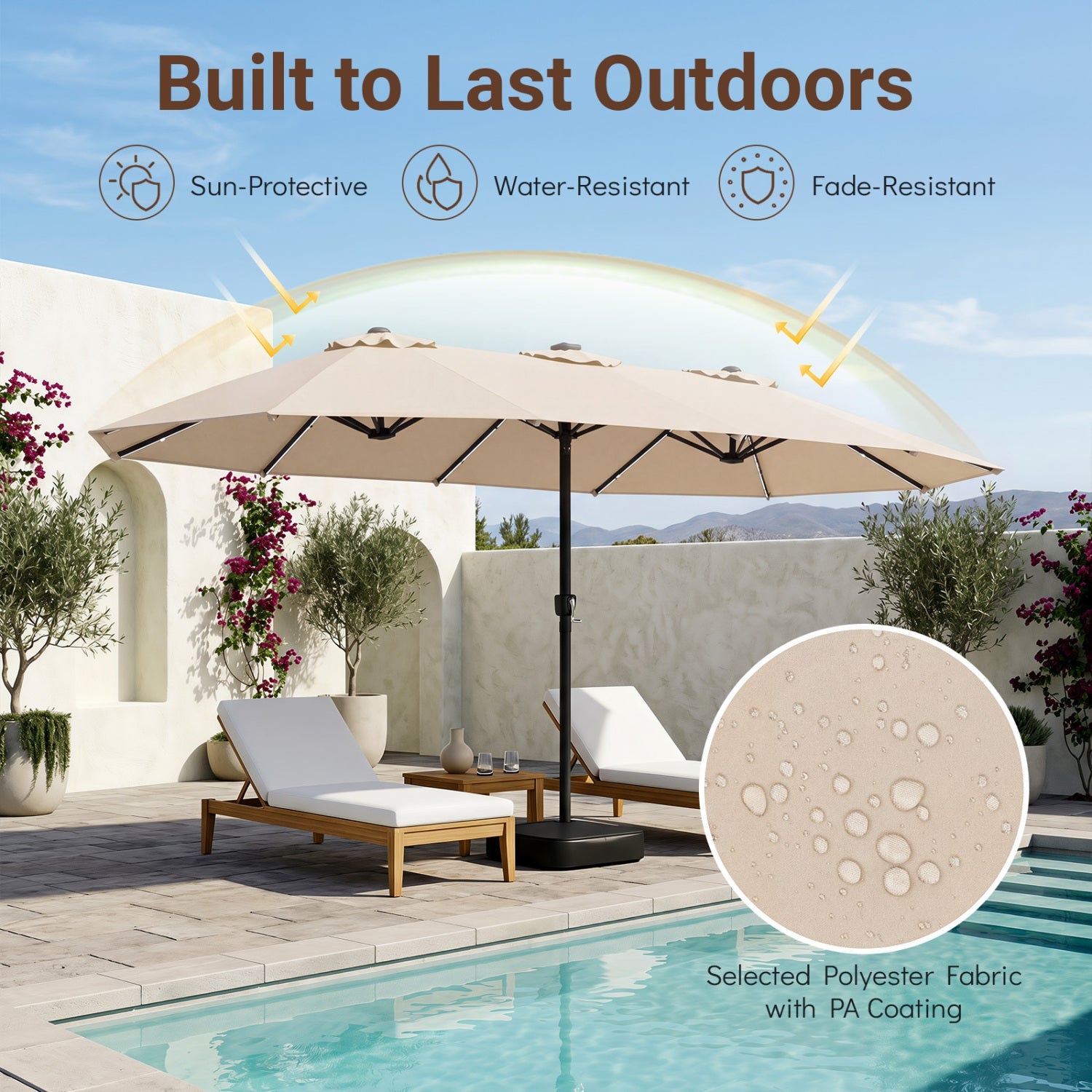 15.5 ft DirectDeals patio umbrella beige canopy with solar LED lights and base on Tampa Home & Garden Store