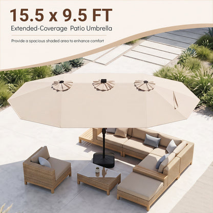 15.5 ft patio umbrella with solar LED lights and base in tan DirectDeals on Tampa Home & Garden Store