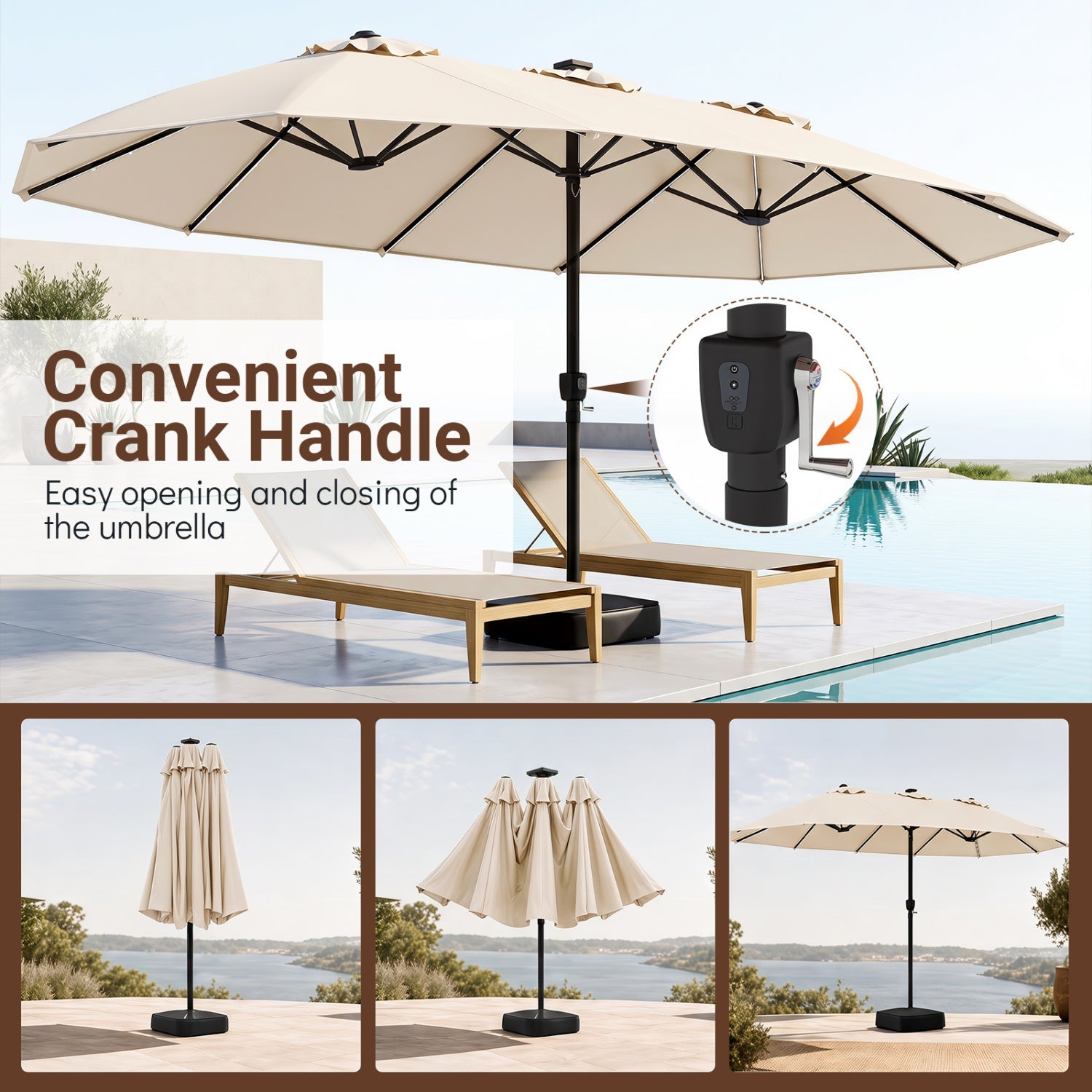 15.5 ft patio umbrella with solar LED lights and crank handle, beige canopy by DirectDeals on Tampa Home & Garden Store