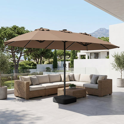 15.5 ft Patio Umbrella with brown canopy, DirectDeals, solar LED lights and base on Tampa Home & Garden Store