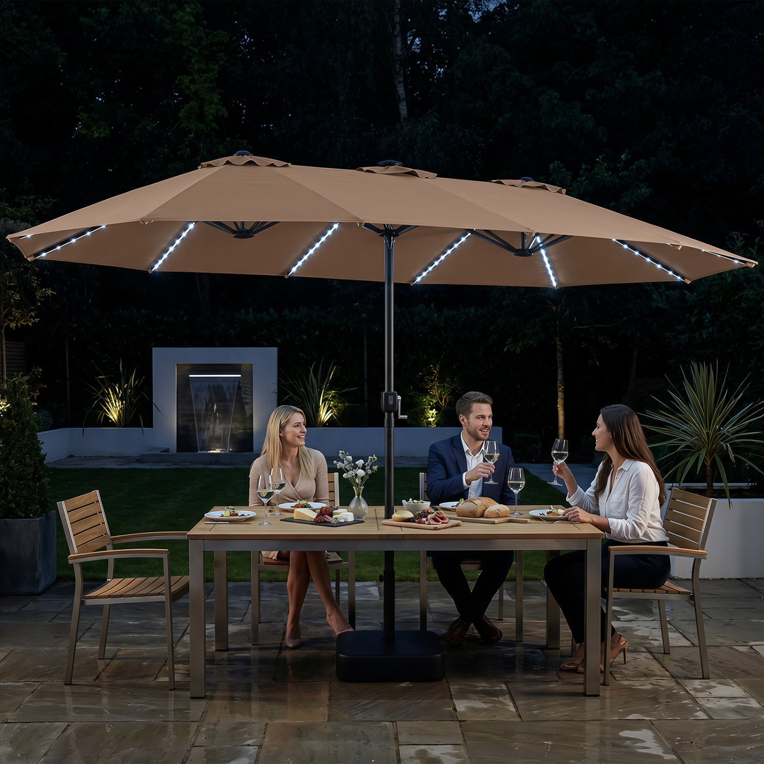 DirectDeals 15.5 ft patio umbrella beige canopy with solar LED lights and base on Tampa Home & Garden Store