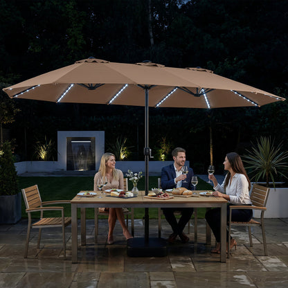 DirectDeals 15.5 ft patio umbrella beige canopy with solar LED lights and base on Tampa Home & Garden Store