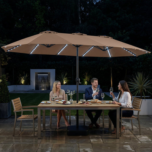 DirectDeals 15.5 ft patio umbrella beige canopy with solar LED lights and base on Tampa Home & Garden Store