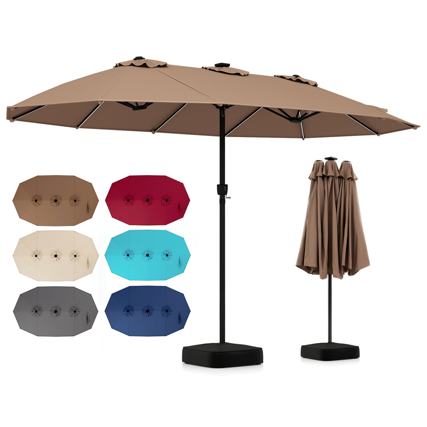 Patio umbrella DirectDeals 15.5 ft tan canopy with solar LED lights, base, six color swatches on Tampa Home & Garden Store