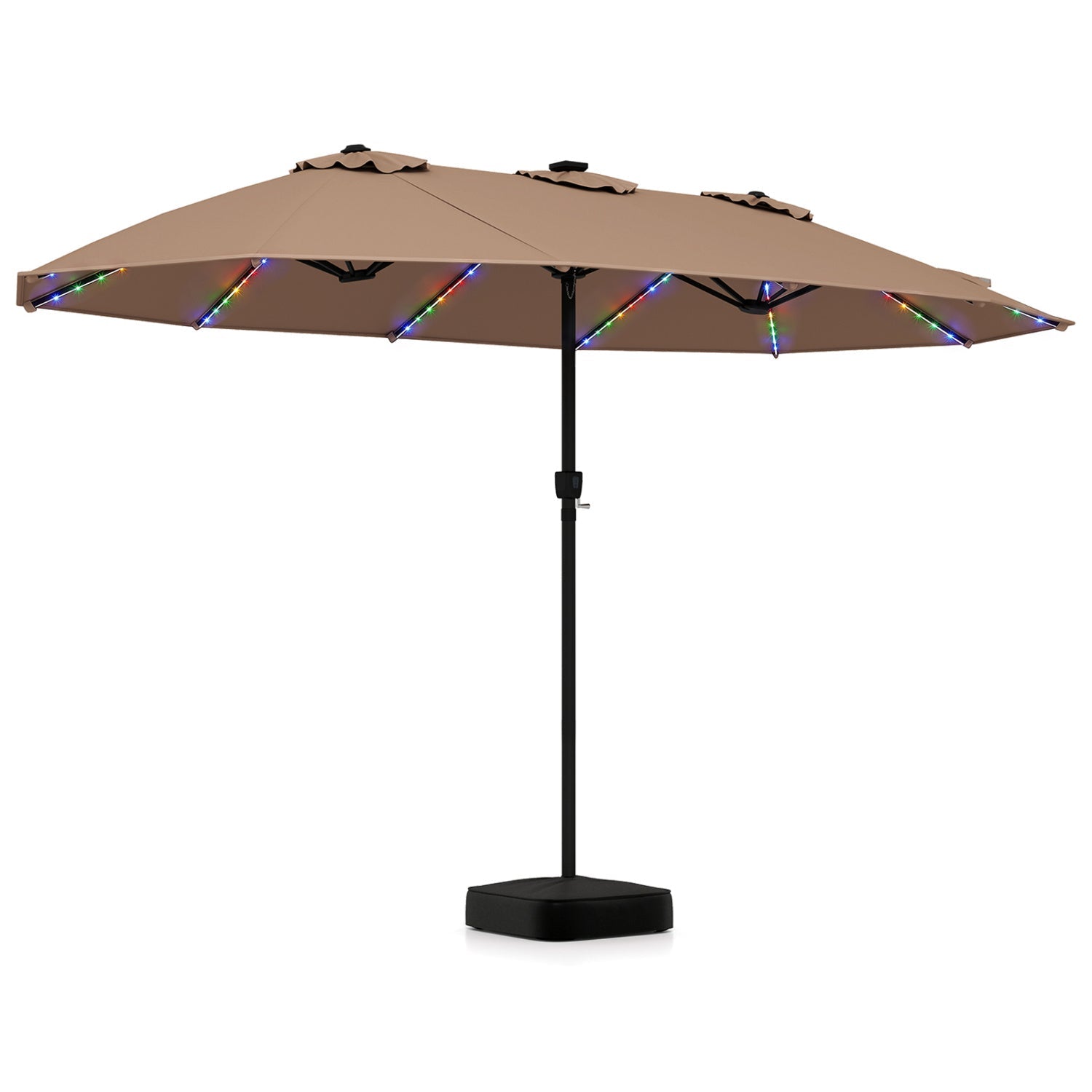 Patio umbrella DirectDeals 15.5 ft beige canopy with solar LED lights and base on Tampa Home & Garden Store