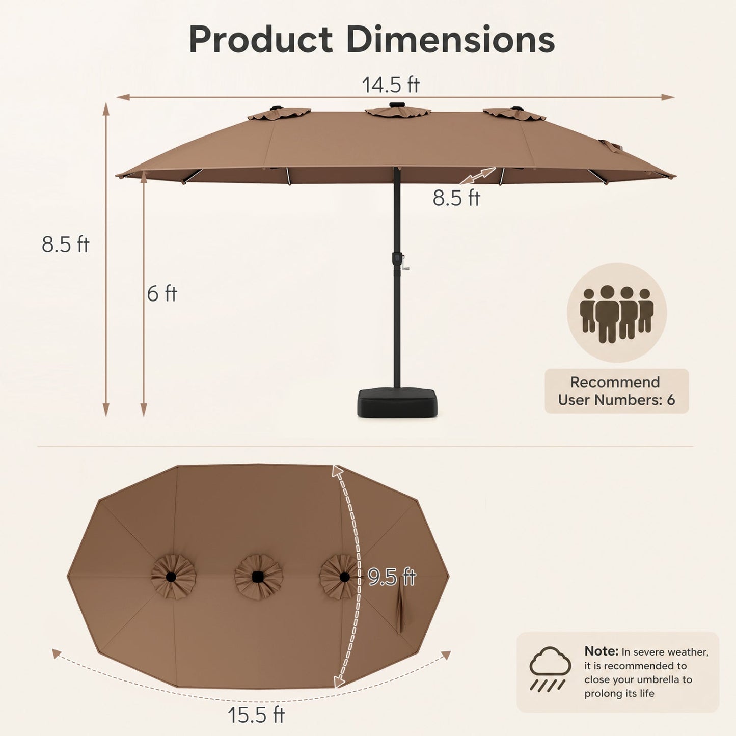 Patio umbrella DirectDeals 15.5 ft brown canopy with solar LED lights and heavy base on Tampa Home & Garden Store