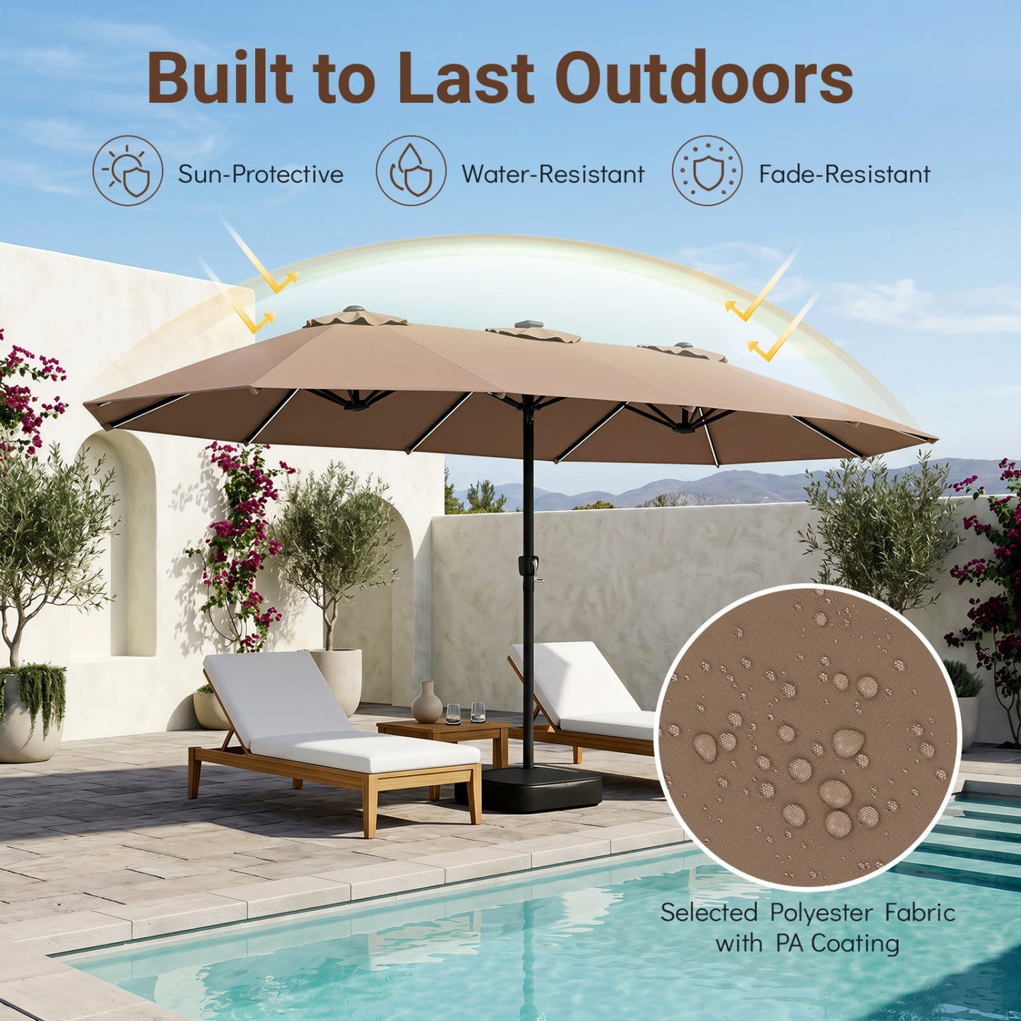 DirectDeals 15.5 ft patio umbrella with solar LED lights and base, taupe polyester fabric on Tampa Home & Garden Store