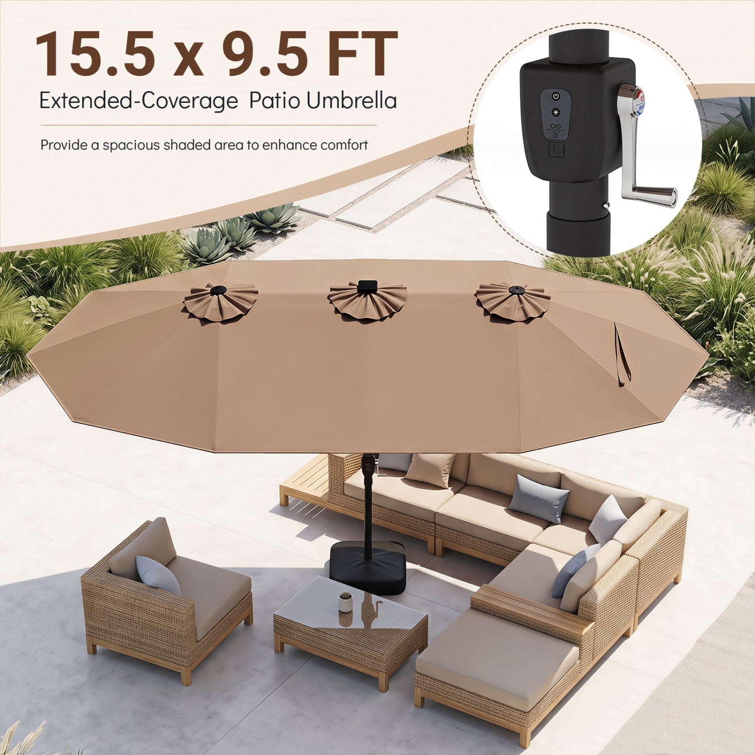 DirectDeals 15.5 ft patio umbrella with solar LED lights and base, tan on Tampa Home & Garden Store