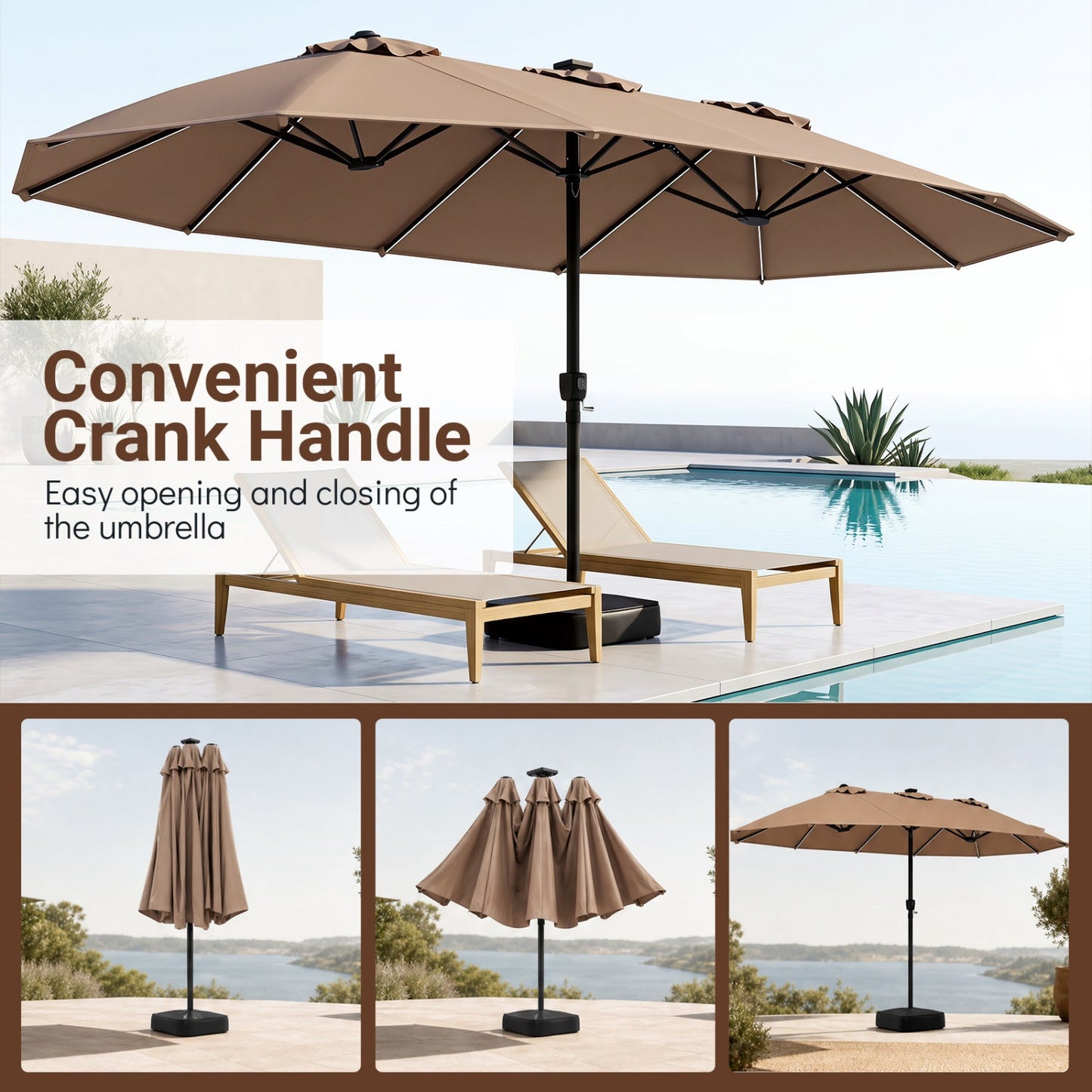 15.5 ft patio umbrella with solar LED lights, tan canopy on black pole with base by pool on Tampa Home & Garden Store