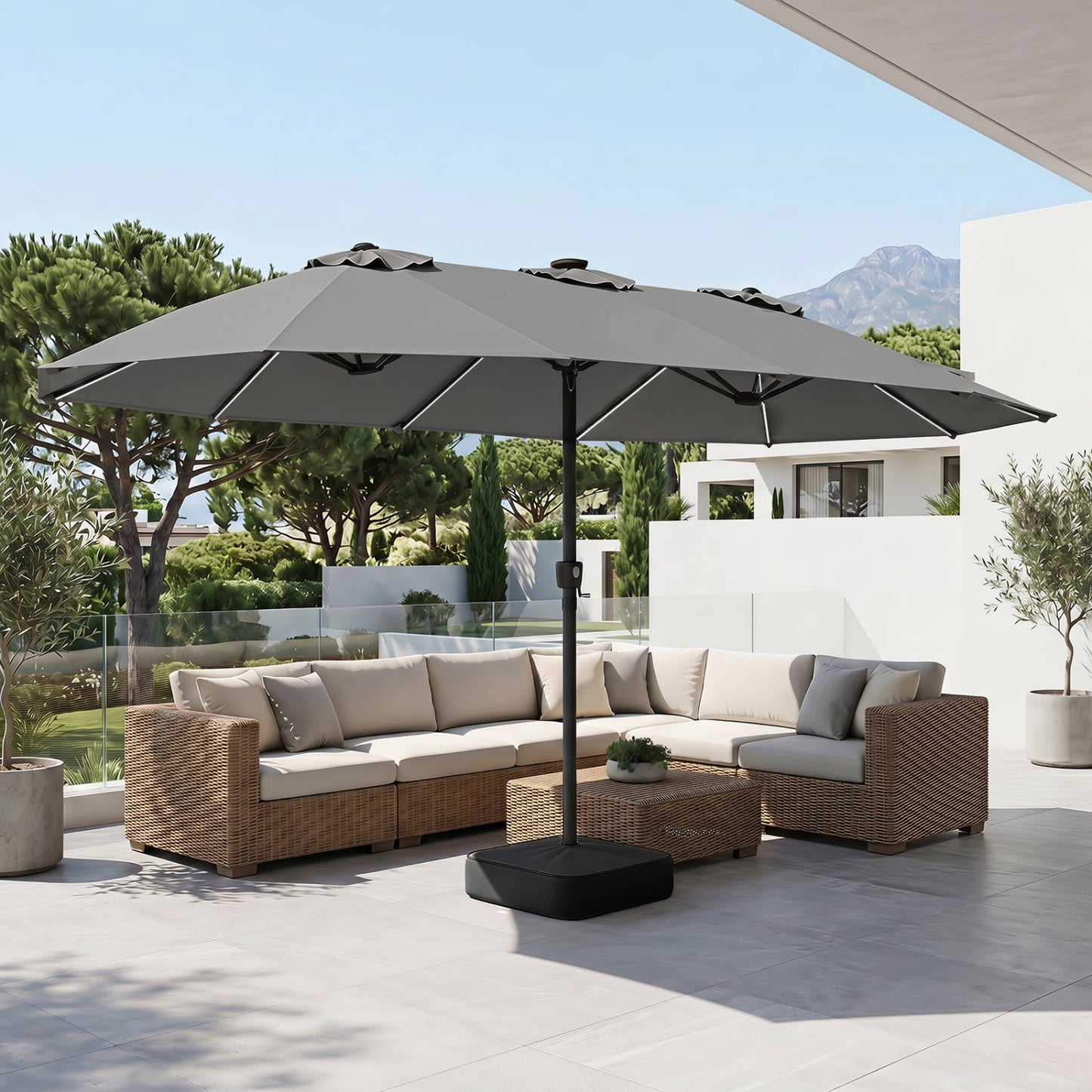15.5 ft DirectDeals patio umbrella with solar LED lights and base, gray fabric on Tampa Home & Garden Store