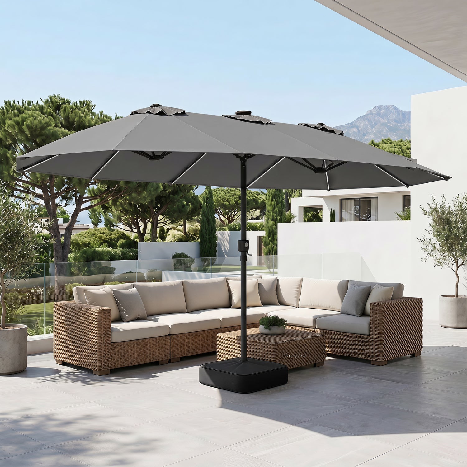 15.5 ft DirectDeals patio umbrella with solar LED lights and base, gray fabric on Tampa Home & Garden Store