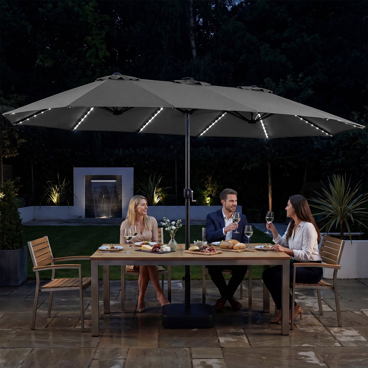 DirectDeals 15.5 ft Patio Umbrella with Solar LED Lights and Base, grey canopy, LED strips on Tampa Home & Garden Store