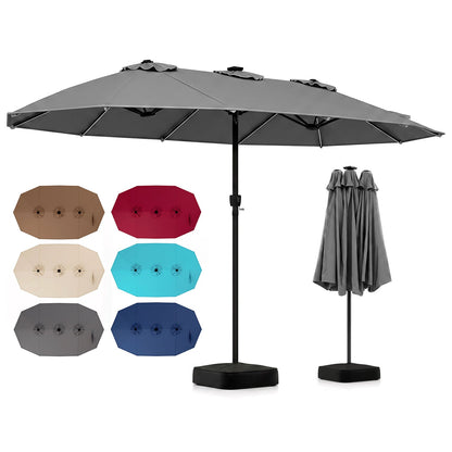 Patio umbrella DirectDeals 15.5 ft with gray canopy, solar LED lights and base; color options on Tampa Home & Garden Store