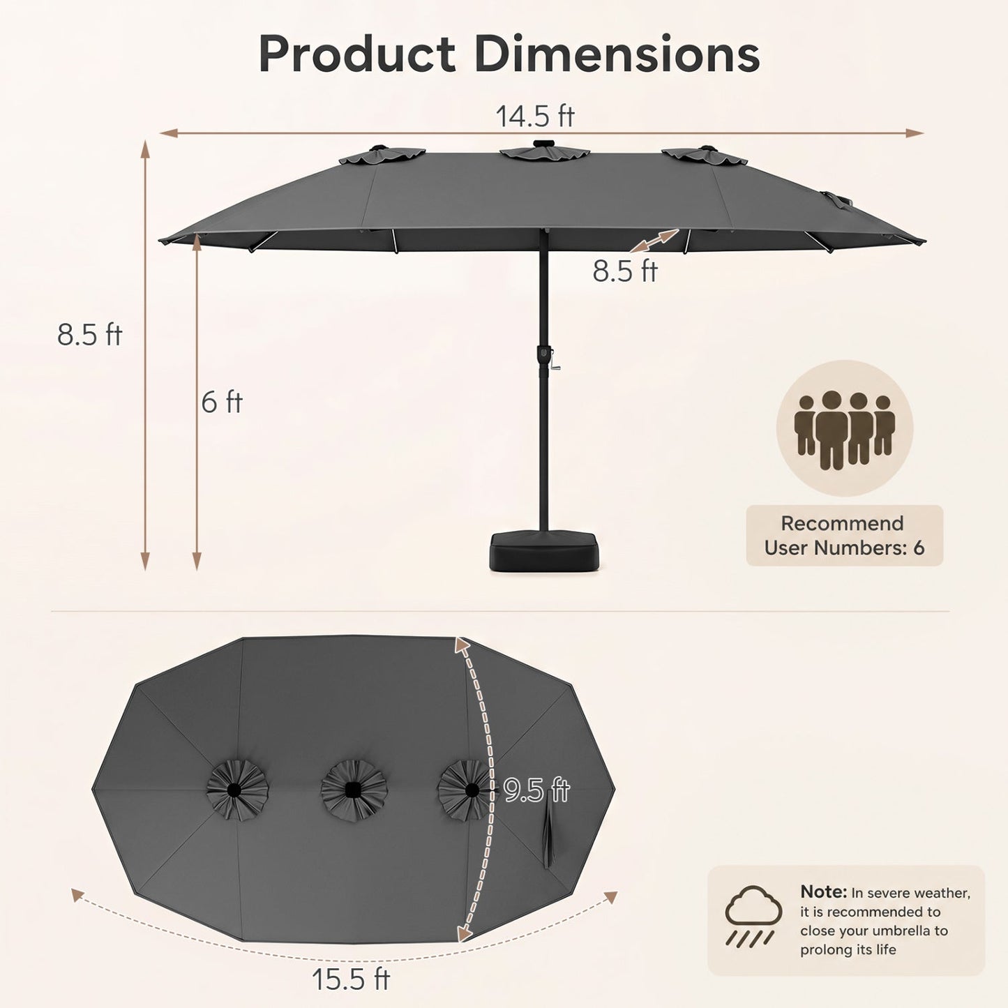 DirectDeals 15.5 ft patio umbrella with dark gray canopy, solar LED lights, base on Tampa Home & Garden Store