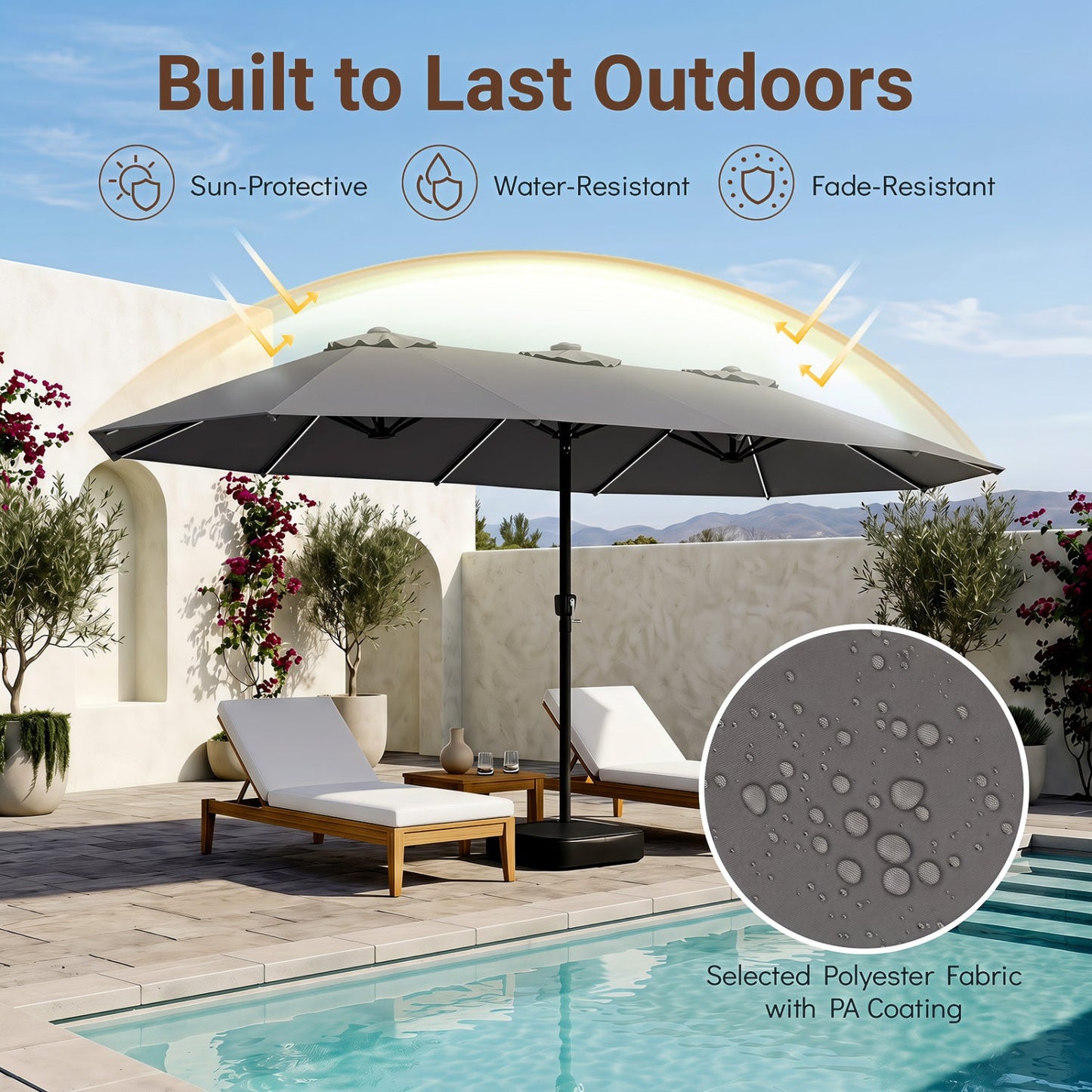 15.5 ft patio umbrella DirectDeals with gray canopy, LED lights, and base, poolside on Tampa Home & Garden Store